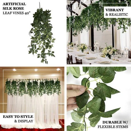 3 Artificial Hanging Greenery Bushes Silk Rose Leaf Vines - Green ARTI_GRN_HANG02_40