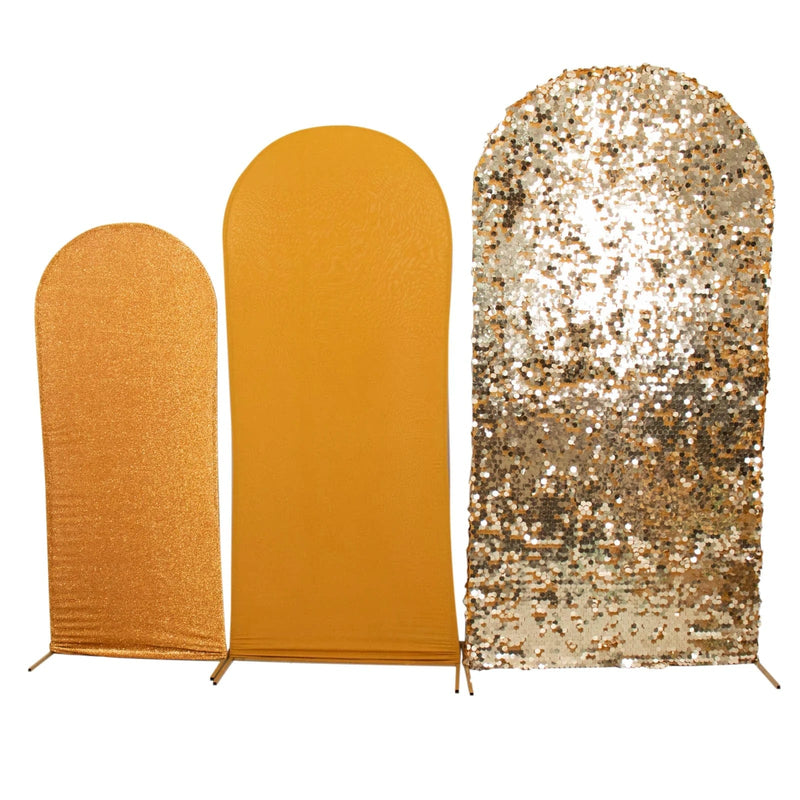 3 Assorted Fitted Round Top Wedding Arch Backdrop Stand Covers Set IRON_STND06_MIX_GOLD