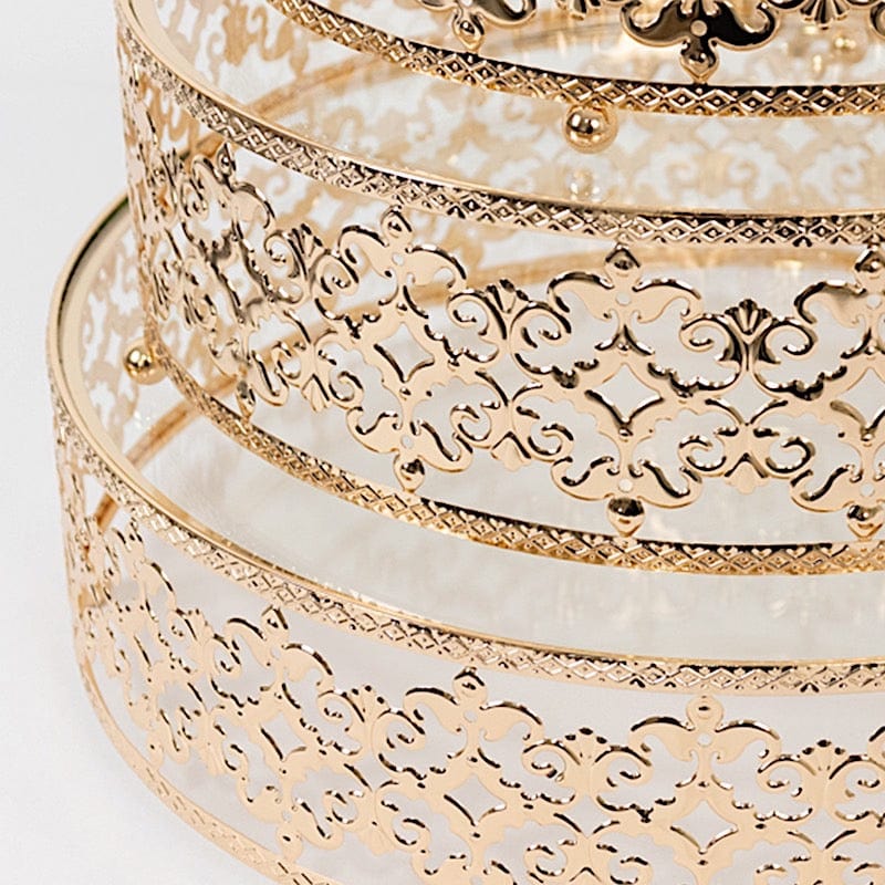 3 Baroque Ornate Design Metal Cake Stands with Glass Top - Gold CHDLR_CAKE26_SET3_GOLD