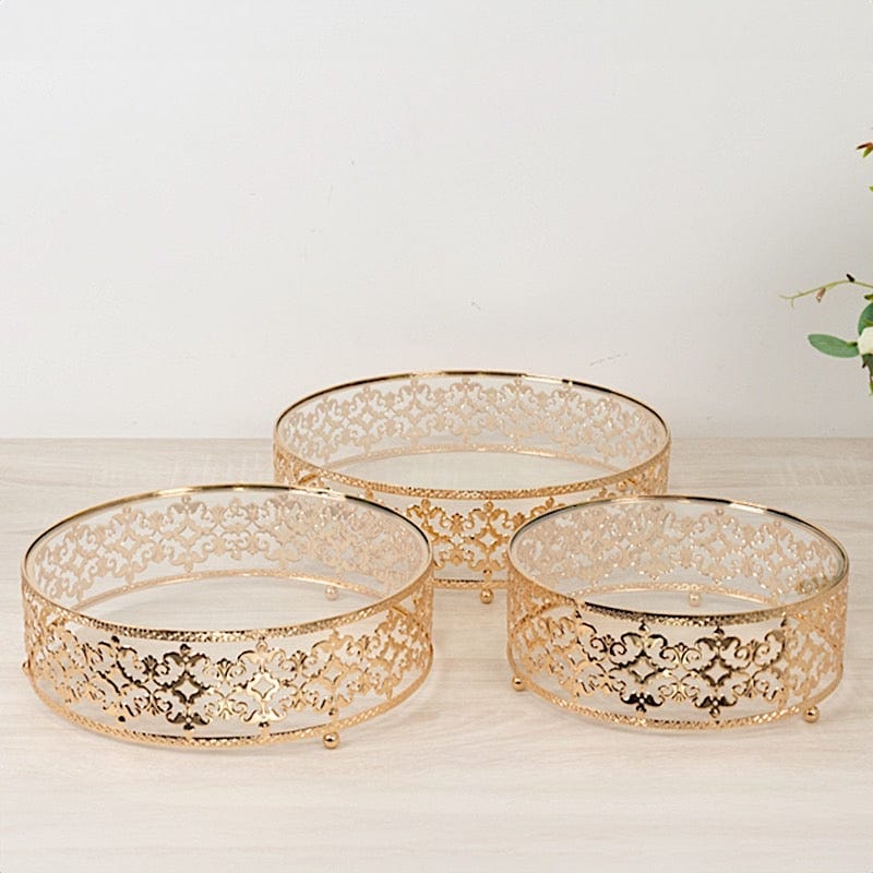 3 Baroque Ornate Design Metal Cake Stands with Glass Top - Gold CHDLR_CAKE26_SET3_GOLD