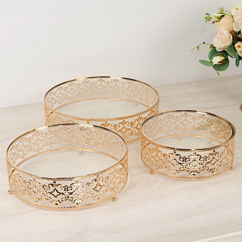 3 Baroque Ornate Design Metal Cake Stands with Glass Top - Gold CHDLR_CAKE26_SET3_GOLD
