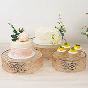 3 Baroque Ornate Design Metal Cake Stands with Glass Top - Gold CHDLR_CAKE26_SET3_GOLD