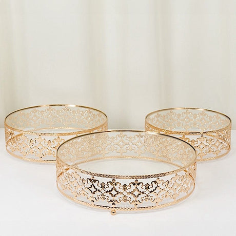 3 Baroque Ornate Design Metal Cake Stands with Glass Top - Gold CHDLR_CAKE26_SET3_GOLD