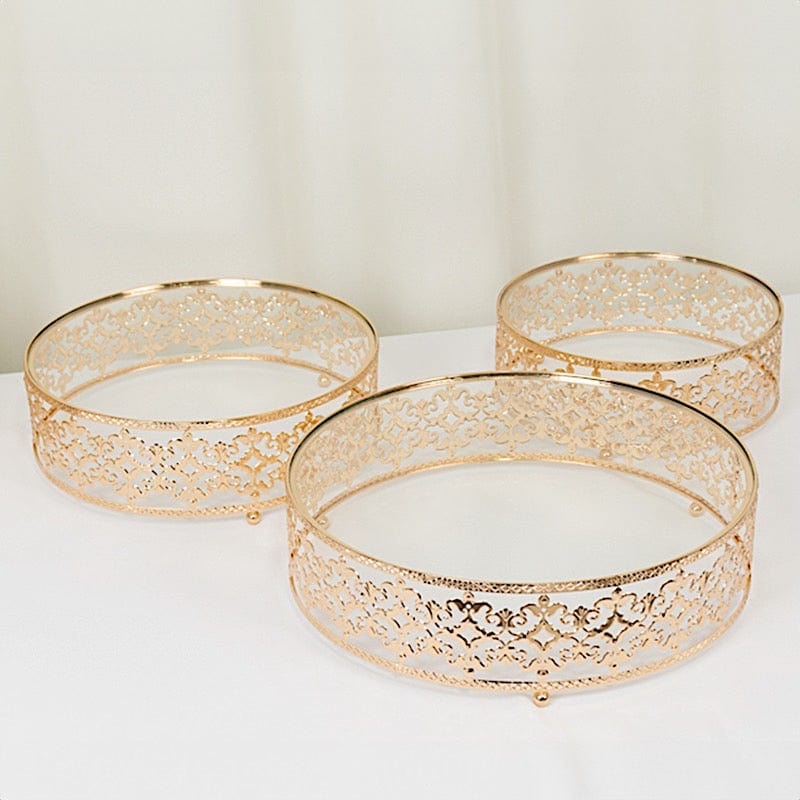 3 Baroque Ornate Design Metal Cake Stands with Glass Top - Gold CHDLR_CAKE26_SET3_GOLD