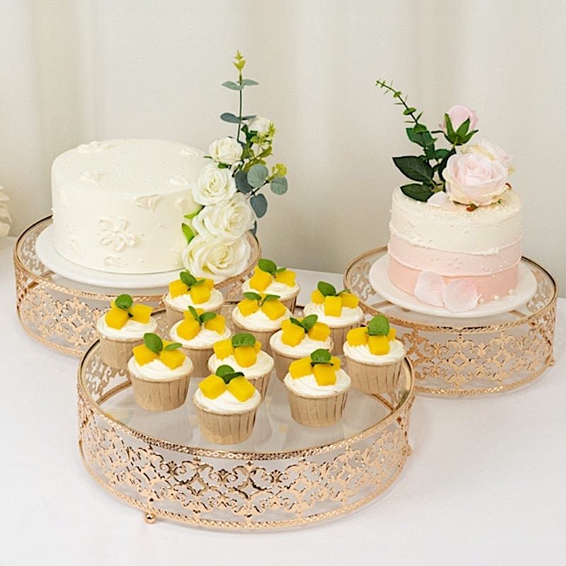 3 Baroque Ornate Design Metal Cake Stands with Glass Top - Gold CHDLR_CAKE26_SET3_GOLD