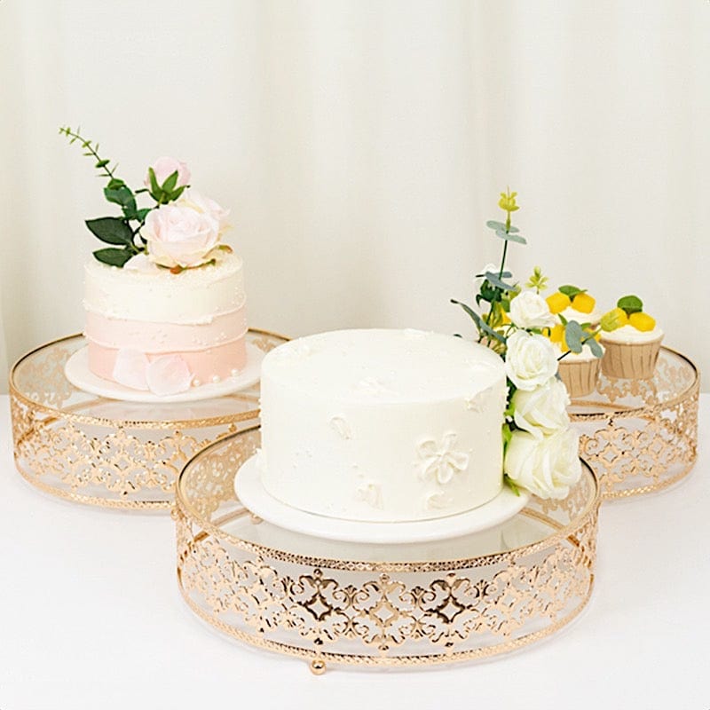 3 Baroque Ornate Design Metal Cake Stands with Glass Top - Gold CHDLR_CAKE26_SET3_GOLD