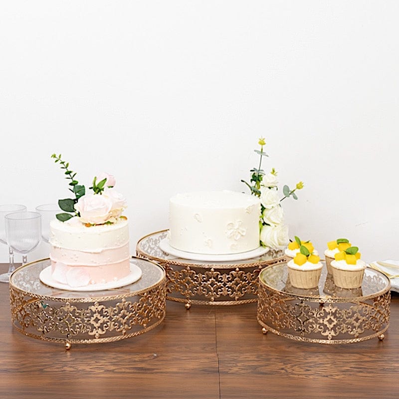 3 Baroque Ornate Design Metal Cake Stands with Glass Top - Gold CHDLR_CAKE26_SET3_GOLD
