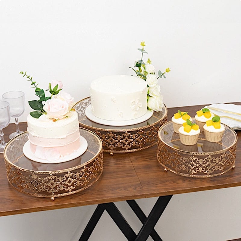 3 Baroque Ornate Design Metal Cake Stands with Glass Top - Gold CHDLR_CAKE26_SET3_GOLD