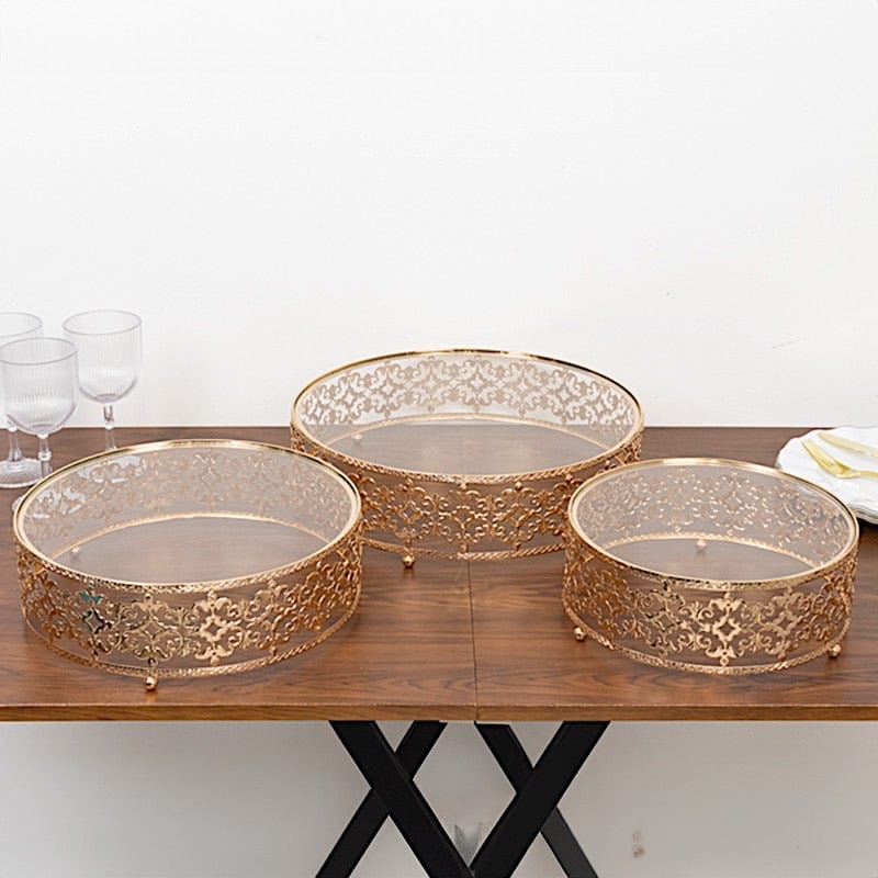 3 Baroque Ornate Design Metal Cake Stands with Glass Top - Gold CHDLR_CAKE26_SET3_GOLD