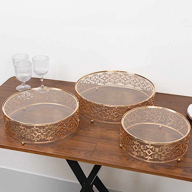 3 Baroque Ornate Design Metal Cake Stands with Glass Top - Gold CHDLR_CAKE26_SET3_GOLD