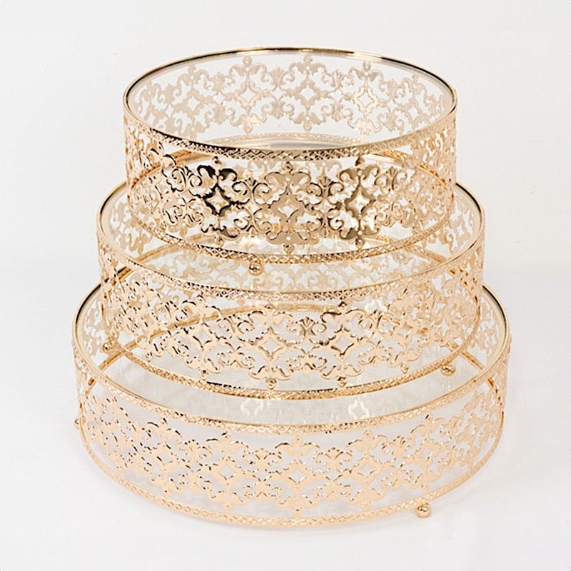 3 Baroque Ornate Design Metal Cake Stands with Glass Top - Gold CHDLR_CAKE26_SET3_GOLD