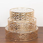 3 Baroque Ornate Design Metal Cake Stands with Glass Top - Gold CHDLR_CAKE26_SET3_GOLD