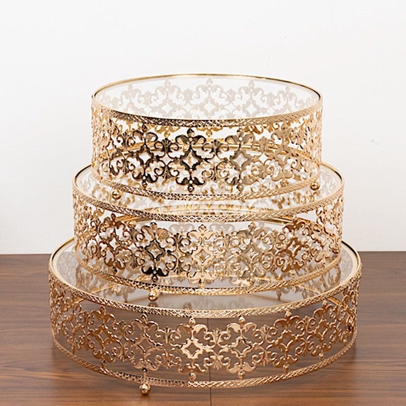 3 Baroque Ornate Design Metal Cake Stands with Glass Top - Gold CHDLR_CAKE26_SET3_GOLD