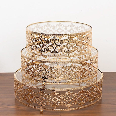 3 Baroque Ornate Design Metal Cake Stands with Glass Top - Gold CHDLR_CAKE26_SET3_GOLD