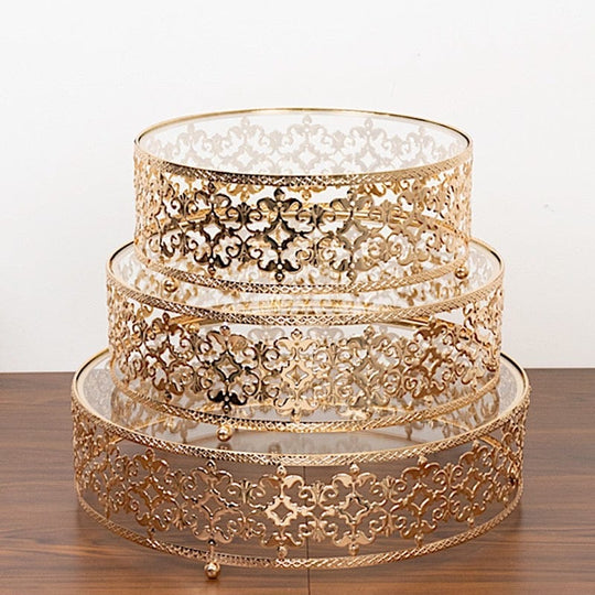 3 Baroque Ornate Design Metal Cake Stands with Glass Top - Gold CHDLR_CAKE26_SET3_GOLD