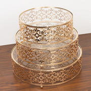 3 Baroque Ornate Design Metal Cake Stands with Glass Top - Gold CHDLR_CAKE26_SET3_GOLD