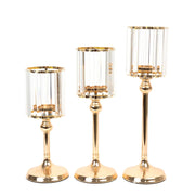 3 Crystal Pendant Hurricane Candle Holders - Clear and Gold CHDLR_CAND_042_SET3_GOLD