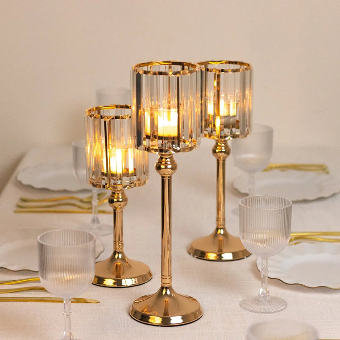 3 Crystal Pendant Hurricane Candle Holders - Clear and Gold CHDLR_CAND_042_SET3_GOLD