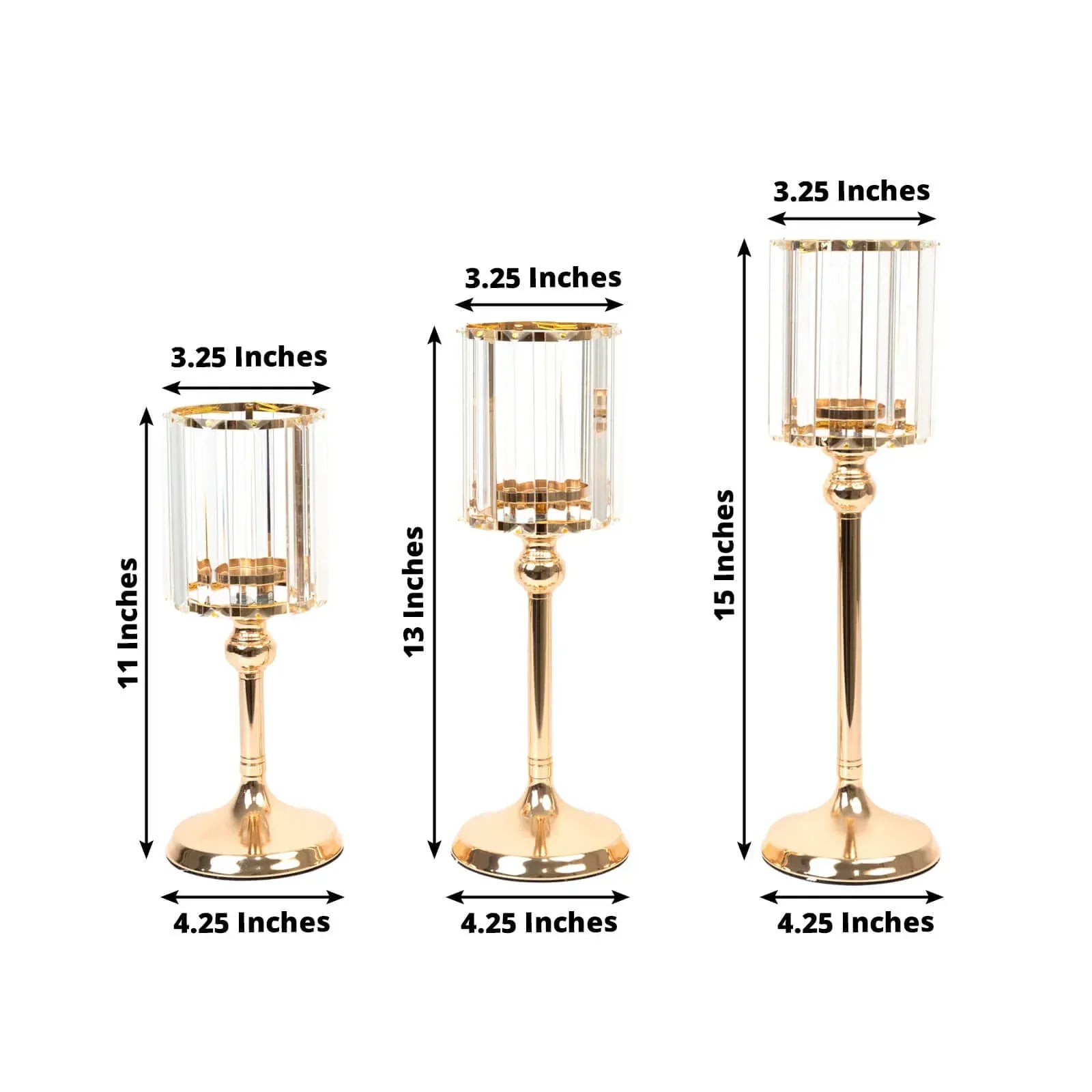 3 Crystal Pendant Hurricane Candle Holders - Clear and Gold CHDLR_CAND_042_SET3_GOLD