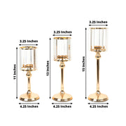 3 Crystal Pendant Hurricane Candle Holders - Clear and Gold CHDLR_CAND_042_SET3_GOLD