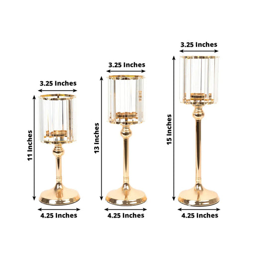 3 Crystal Pendant Hurricane Candle Holders - Clear and Gold CHDLR_CAND_042_SET3_GOLD