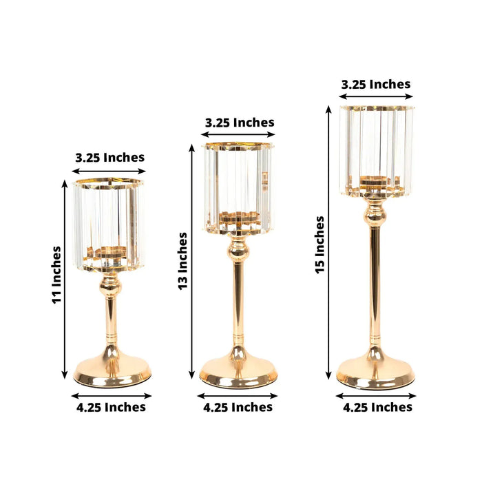 3 Crystal Pendant Hurricane Candle Holders - Clear and Gold CHDLR_CAND_042_SET3_GOLD