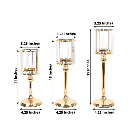3 Crystal Pendant Hurricane Candle Holders - Clear and Gold CHDLR_CAND_042_SET3_GOLD