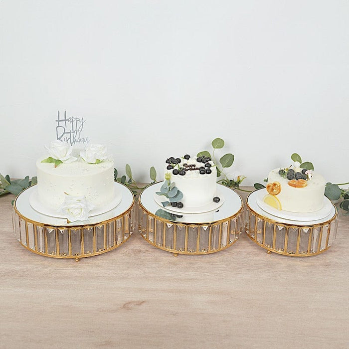 3 Crystal Pendant Stackable Round Metal Cake Stands with Mirror Top