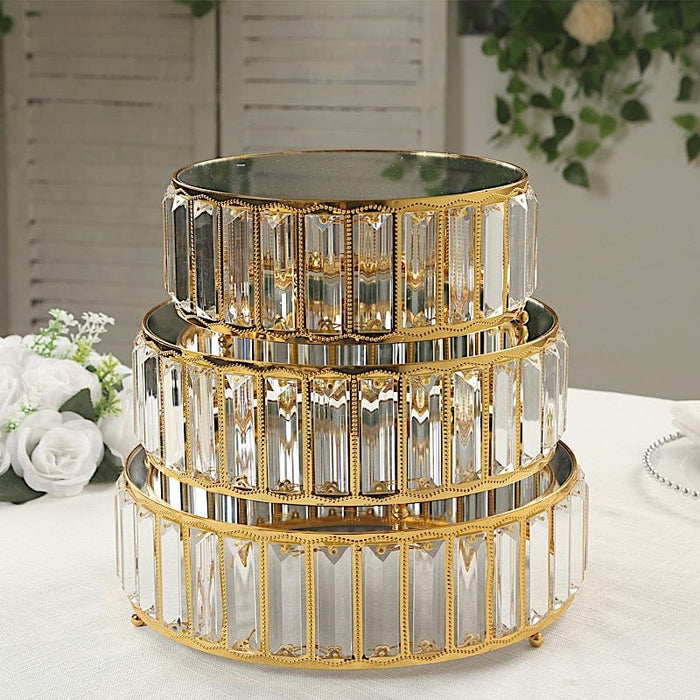 3 Crystal Pendant Stackable Round Metal Cake Stands with Mirror Top