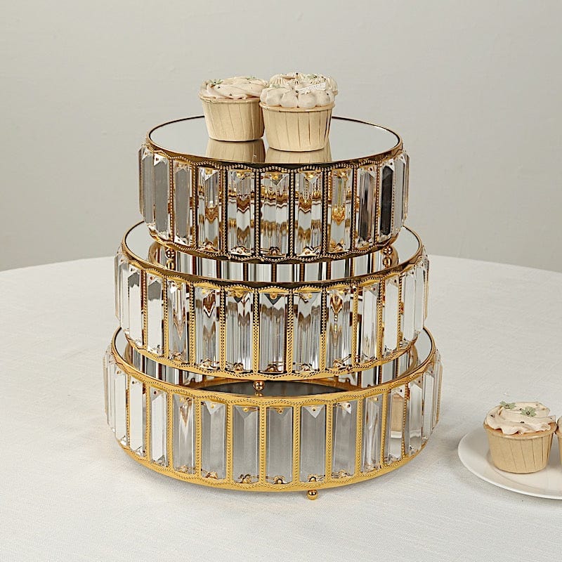 3 Crystal Pendant Stackable Round Metal Cake Stands with Mirror Top