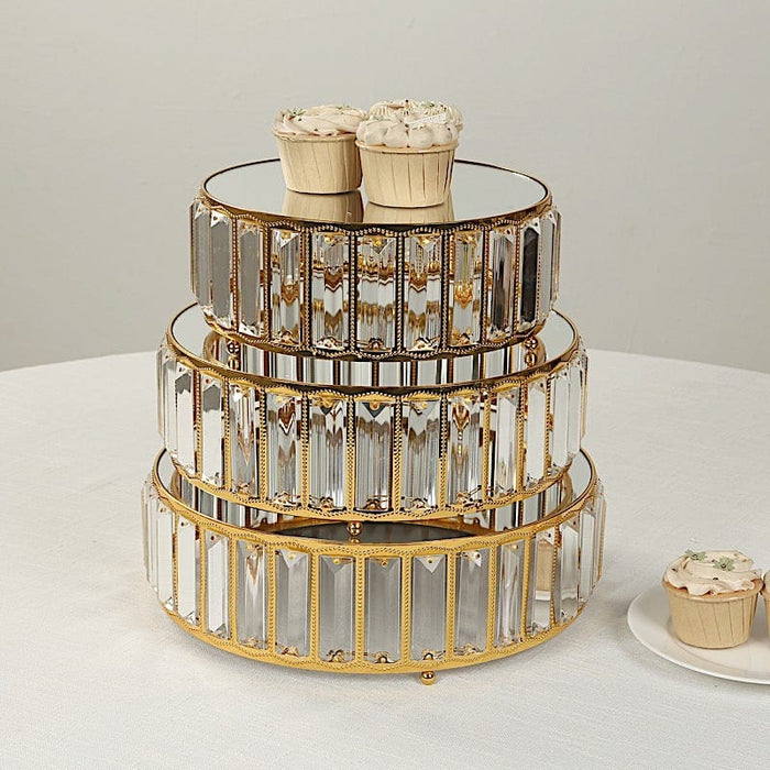 3 Crystal Pendant Stackable Round Metal Cake Stands with Mirror Top