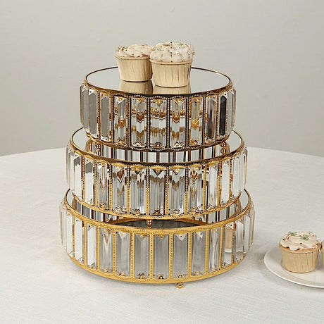 3 Crystal Pendant Stackable Round Metal Cake Stands with Mirror Top