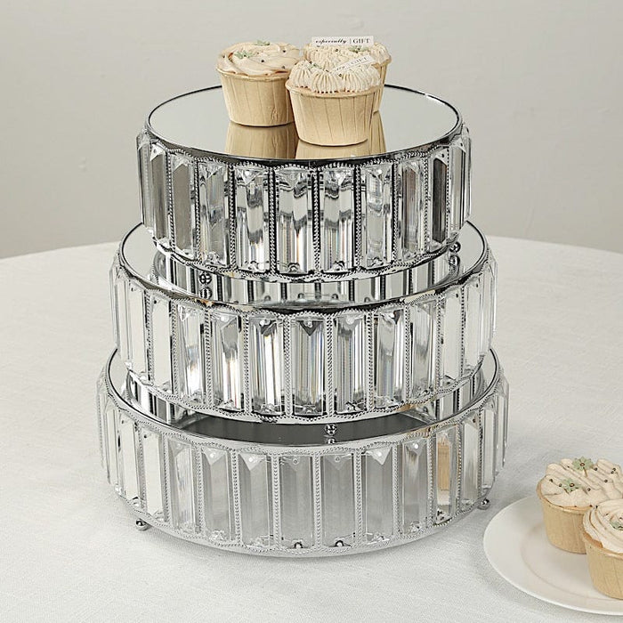3 Crystal Pendant Stackable Round Metal Cake Stands with Mirror Top