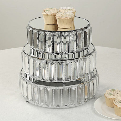 3 Crystal Pendant Stackable Round Metal Cake Stands with Mirror Top