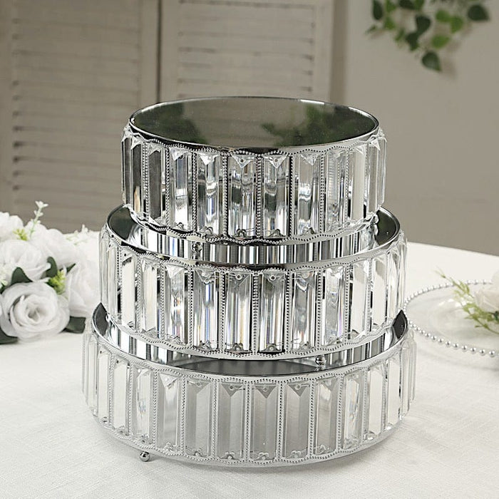 3 Crystal Pendant Stackable Round Metal Cake Stands with Mirror Top