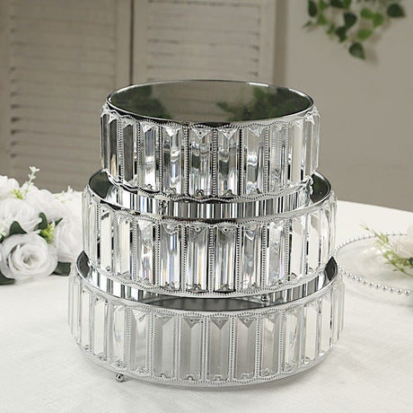 3 Crystal Pendant Stackable Round Metal Cake Stands with Mirror Top