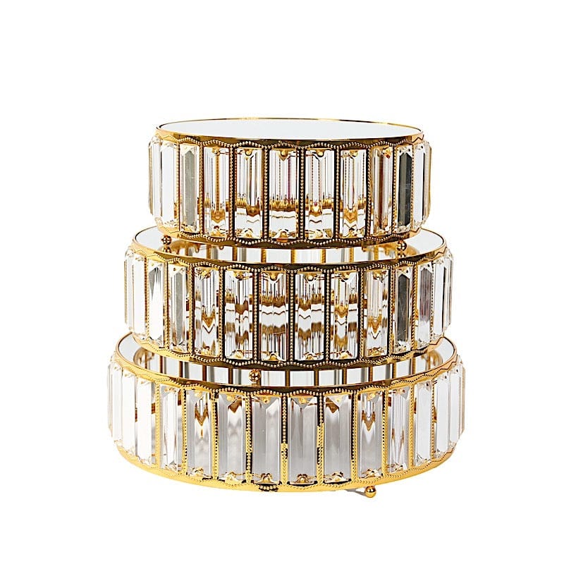 3 Crystal Pendant Stackable Round Metal Cake Stands with Mirror Top CHDLR_CAKE27R_SET3_GOLD