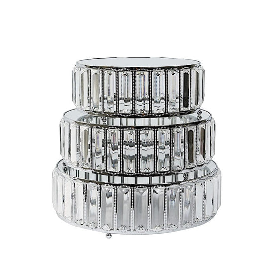3 Crystal Pendant Stackable Round Metal Cake Stands with Mirror Top CHDLR_CAKE27R_SET3_SILV