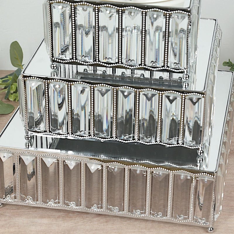 3 Crystal Pendant Stackable Square Metal Cake Stands with Mirror Top