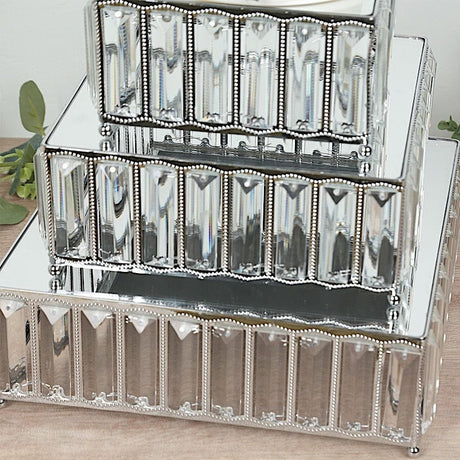 3 Crystal Pendant Stackable Square Metal Cake Stands with Mirror Top
