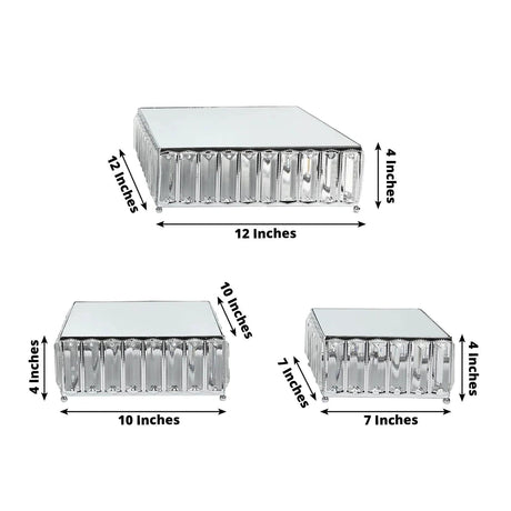 3 Crystal Pendant Stackable Square Metal Cake Stands with Mirror Top