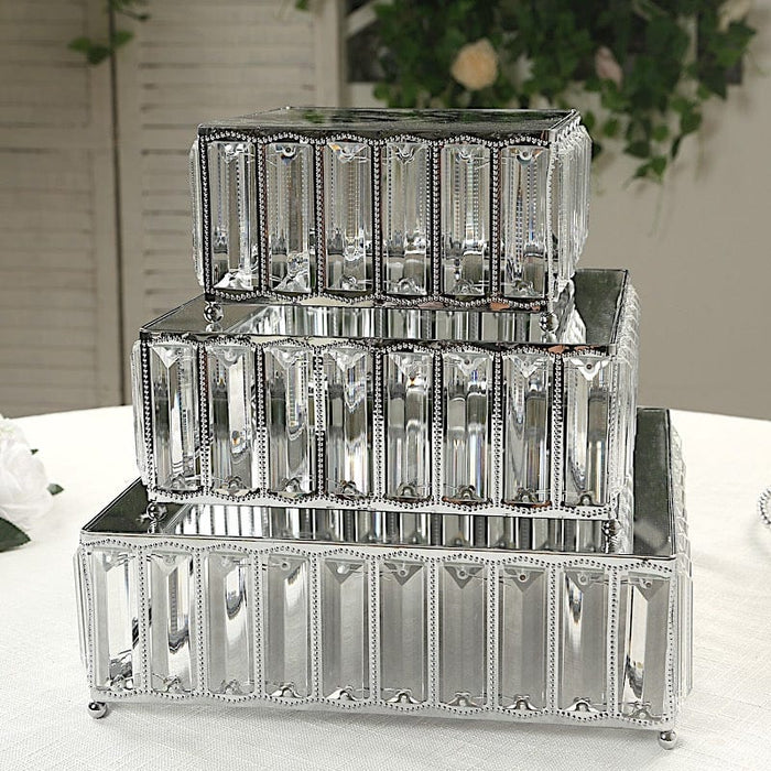 3 Crystal Pendant Stackable Square Metal Cake Stands with Mirror Top