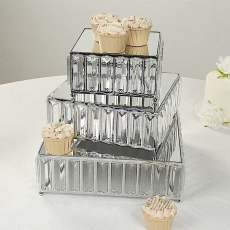 3 Crystal Pendant Stackable Square Metal Cake Stands with Mirror Top
