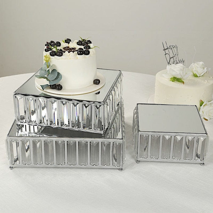 3 Crystal Pendant Stackable Square Metal Cake Stands with Mirror Top