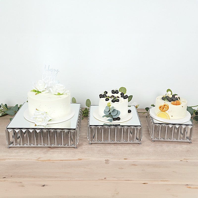 3 Crystal Pendant Stackable Square Metal Cake Stands with Mirror Top