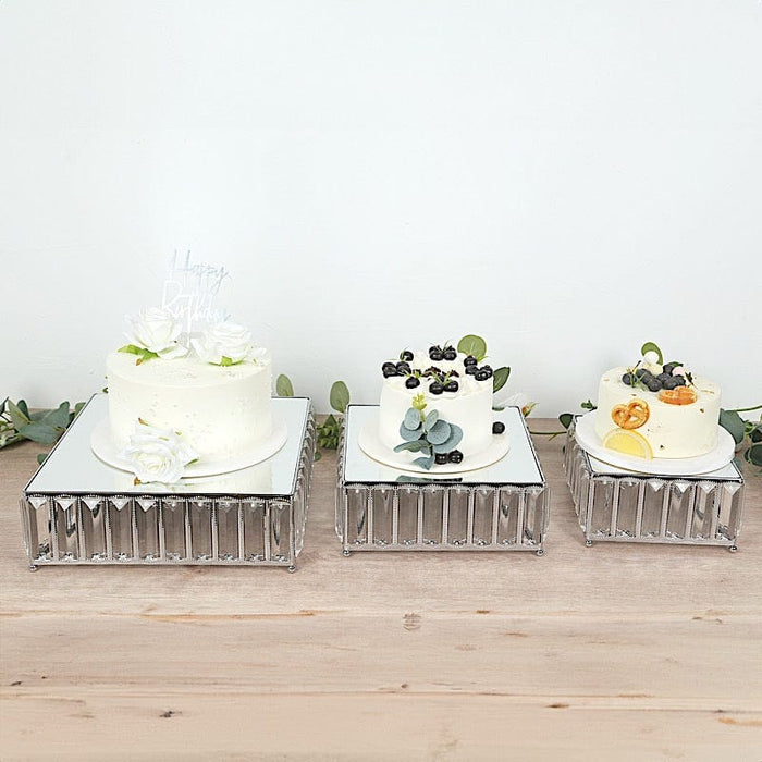 3 Crystal Pendant Stackable Square Metal Cake Stands with Mirror Top