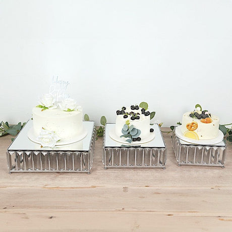 3 Crystal Pendant Stackable Square Metal Cake Stands with Mirror Top