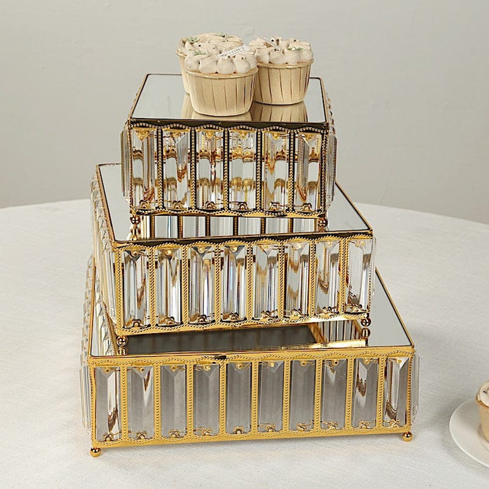 3 Crystal Pendant Stackable Square Metal Cake Stands with Mirror Top