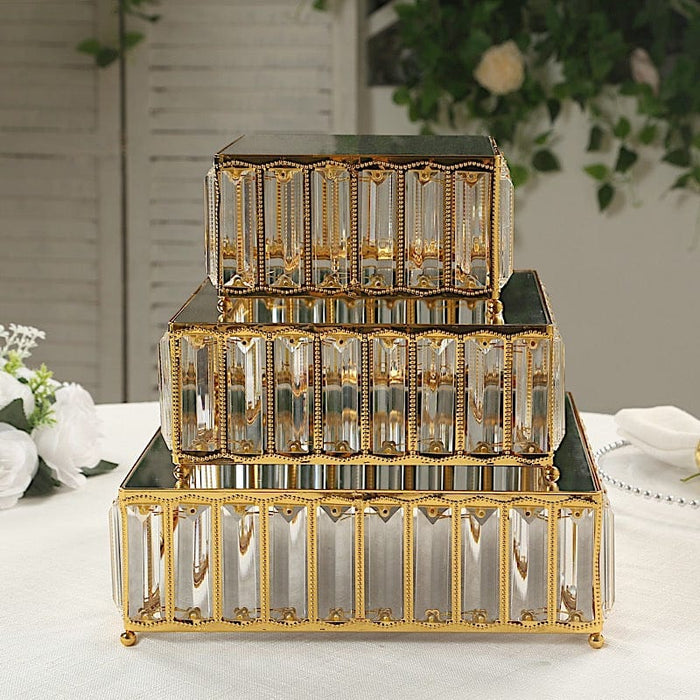 3 Crystal Pendant Stackable Square Metal Cake Stands with Mirror Top