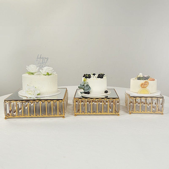 3 Crystal Pendant Stackable Square Metal Cake Stands with Mirror Top